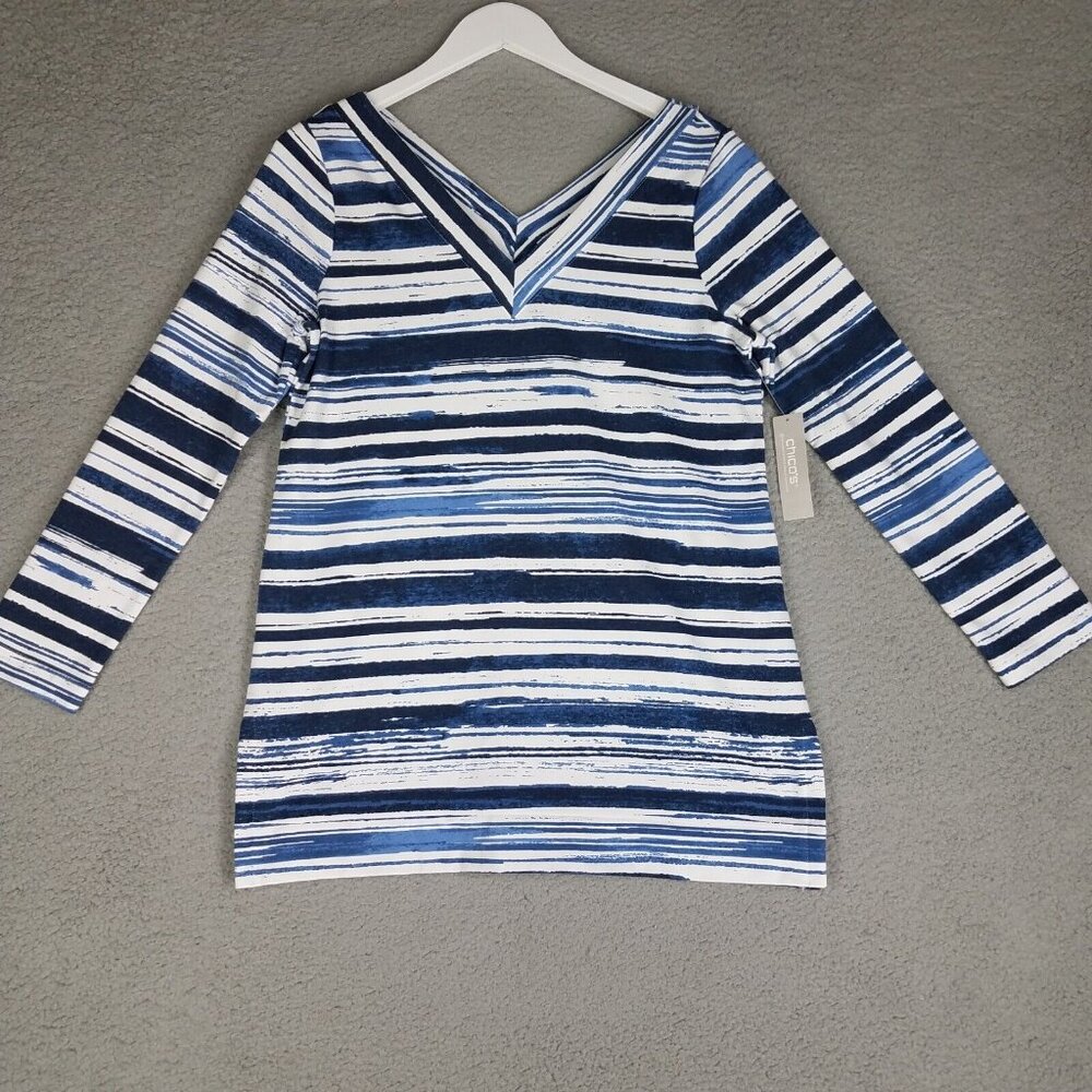 NEW Chico's Zenergy Tunic Shirt Womens 0/ Small Striped V-Neck Blue Casual Beach